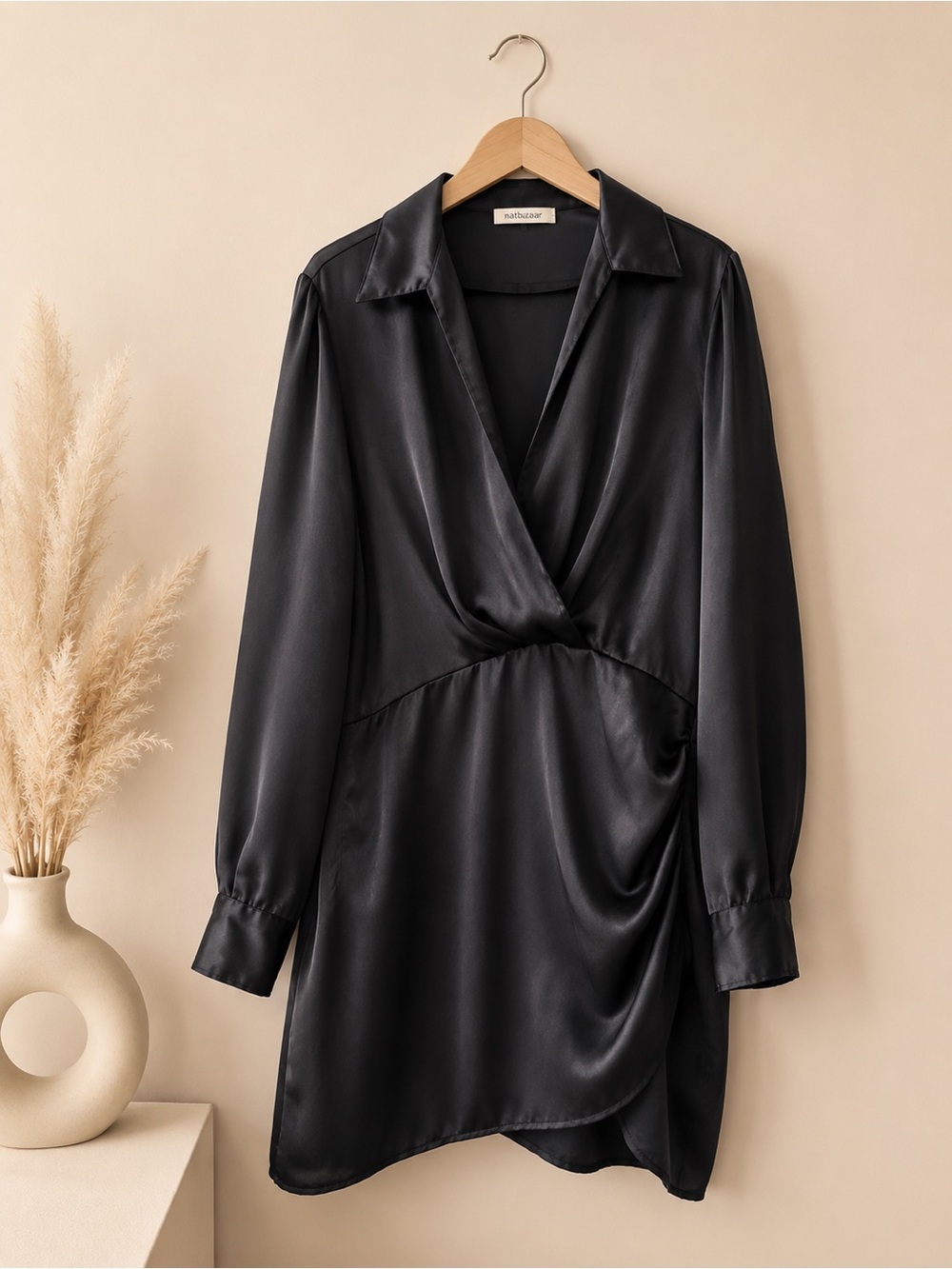 Zara Satin Mini Dress in Charcoal Black